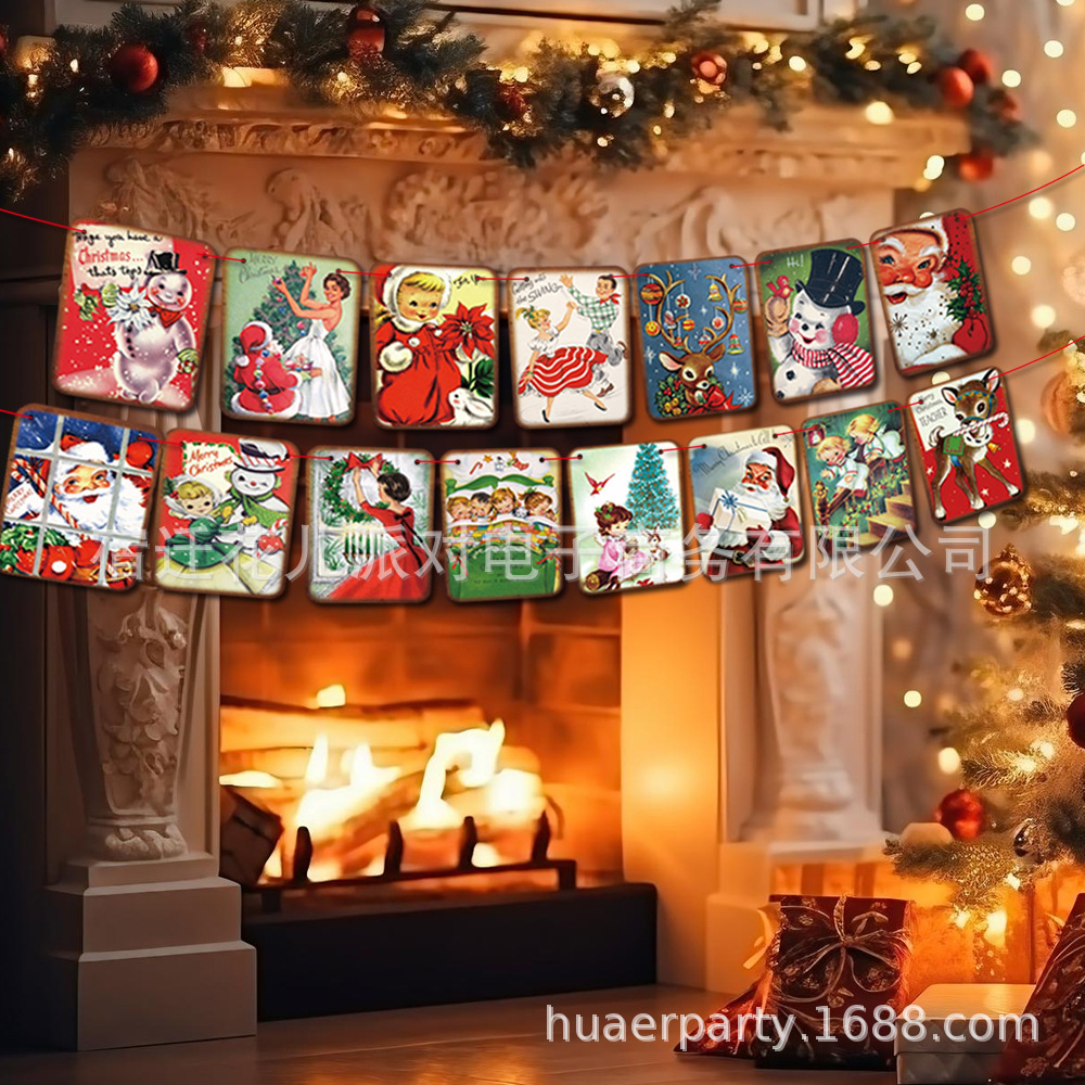 Christmas retro square banner Victorian style fireplace decoration pull flag Christmas pull flower new special offer