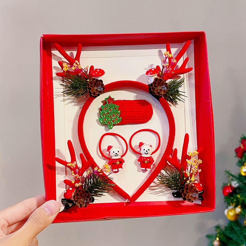 Picture of 2023 new children Girl Christmas headband hairpin suit combination cute antlers Christmas headband hairpin headdress