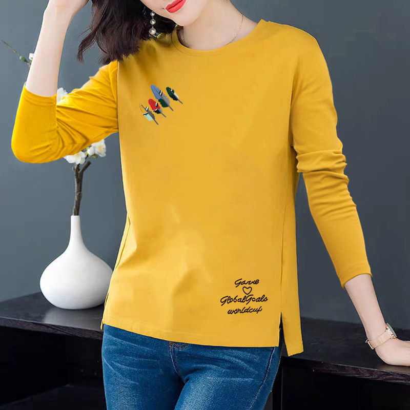 [100 Cotton] 2024 Spring New Fashion All-match Pure Cotton Round Neck T-shirt Split Casual Loose Women's Base Shirt