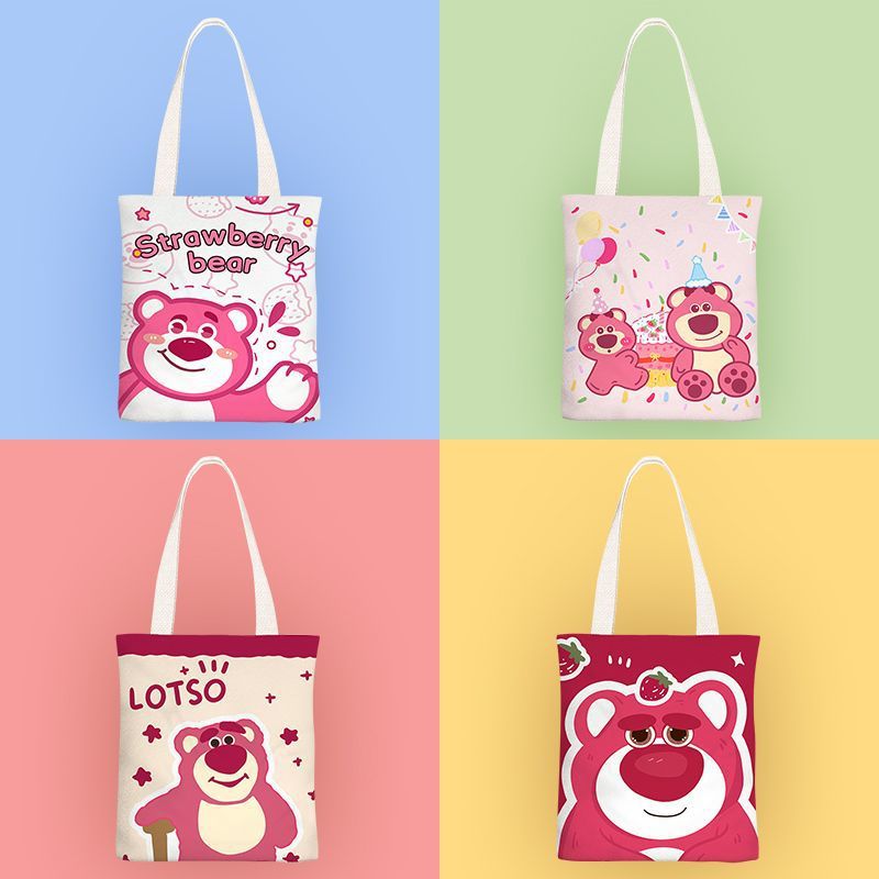 2024 New Strawberry Bear Anime Ins Small Fresh Canvas Bag Women's Single Shoulder Casual Student Class Bag Women