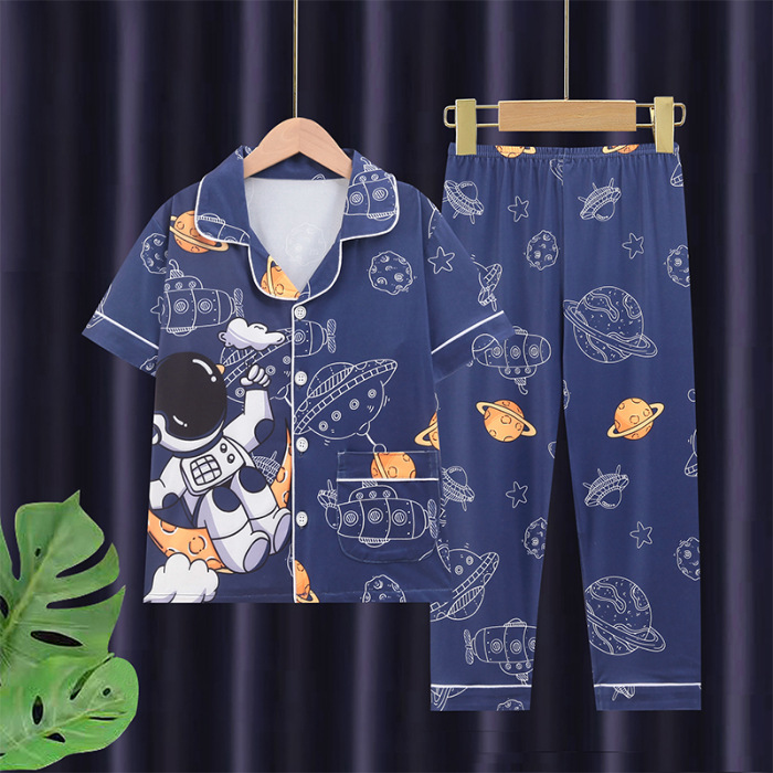 Picture of Children's pajamas men's medium and large children's short-sleeved trousers cardigan summer air conditioning clothes boys' cartoon homewear suit outer wear
