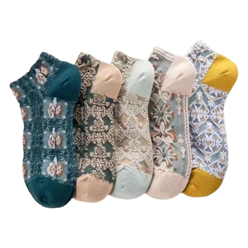 Vintage Summer Women's Socks Breathable Socks Women's Short Socks Floral ins Fashionable Socks Low-cut Shallow-cut Boat Socks Embossed Palace Style