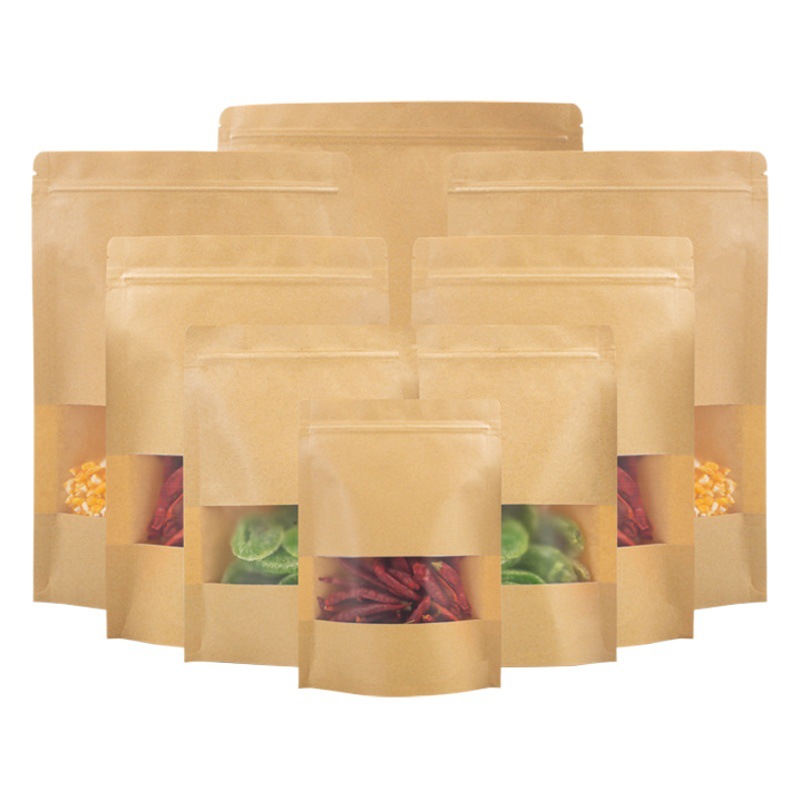 Brown Packing Paper Ziplock Bag Frosted Window Stand-Up Bag Tea Food Packaging Bag Candy Sealed Kraft Paper Bag Customization