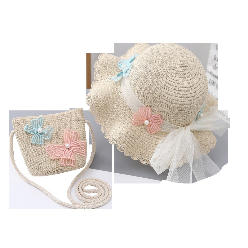 Children's Sunscreen Hat Summer Girl's Sunshade Straw Hat Bag Set Baby Girl's Stylishly Lace Princess Beach Hat