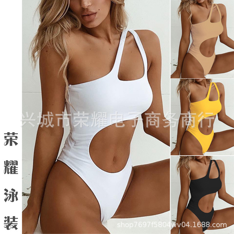 Amazon New Cross-border European and American Solid Color Swimsuit Sexy Gather Irregular Bikini Bikini Bikini