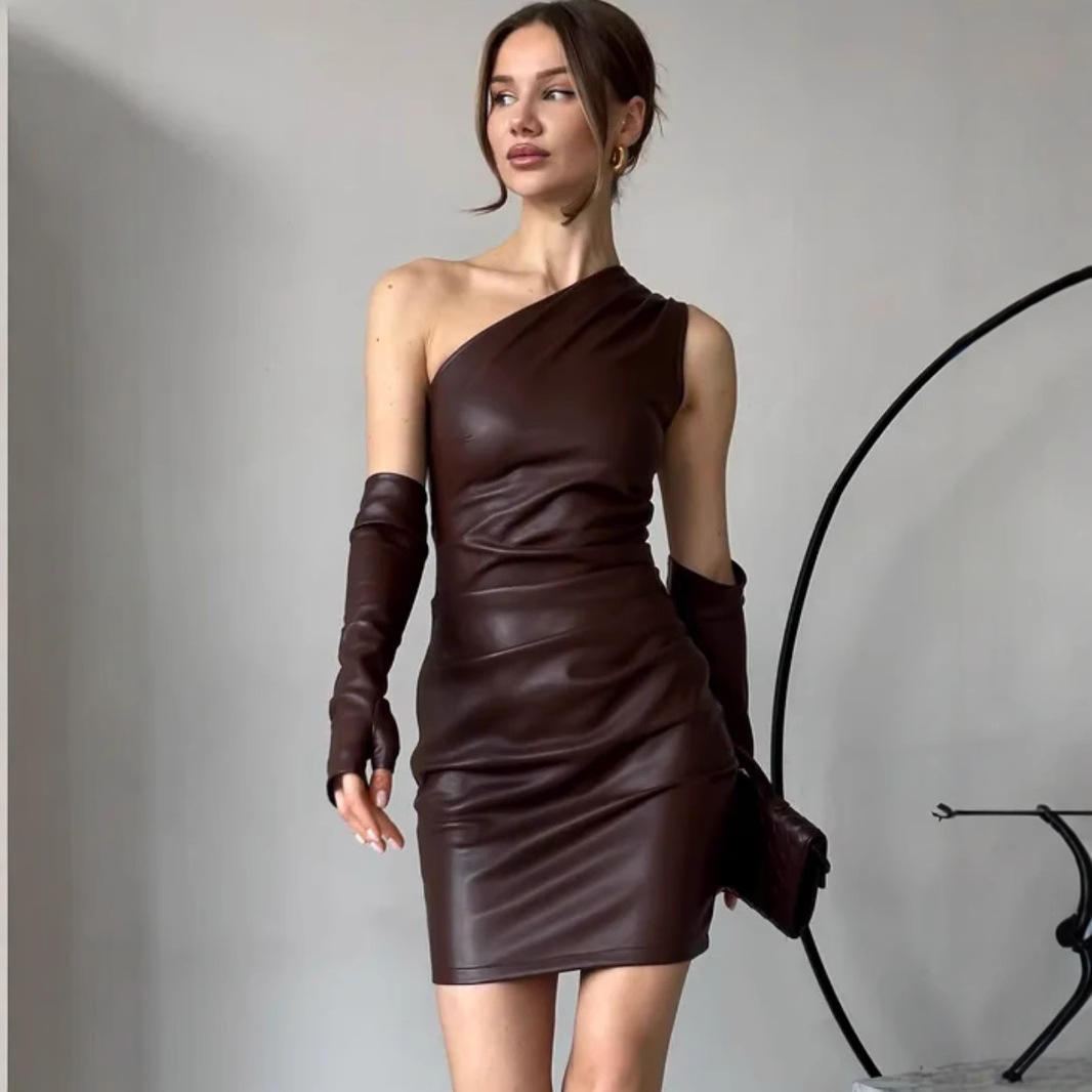 Europe and the United States cross-border PU skirt street hipster women's oblique collar sleeveless sleeve waist hip dress wholesale