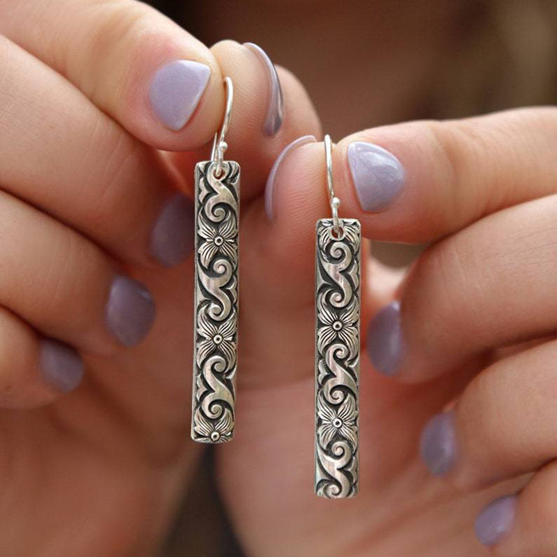 Aliexpress Hot Selling Geometric Carved Drop Earrings European and American Trendy Ancient Silver Ear Hook Earrings Women's Accessories