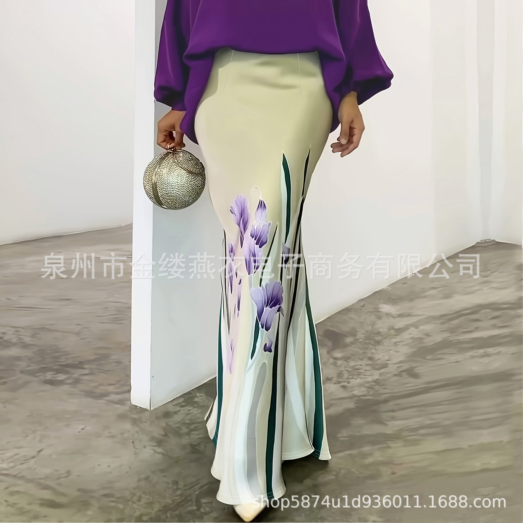 Picture of Cross-border Amazon European and American plus size Women's Autumn High Waist Retro Printed Skirt Elegant Long Hip Skirt