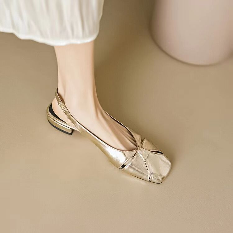 2024 New Spring and Summer Baotou Sandals Women's Outer Wear Flat Shoes with Square Head Gold Silver Elegant Sandals
