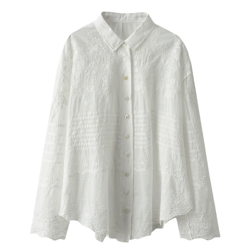 Picture of Spring and Autumn new artistic fresh loose cotton lace embroidered single-breasted Shirt women's casual irregular top