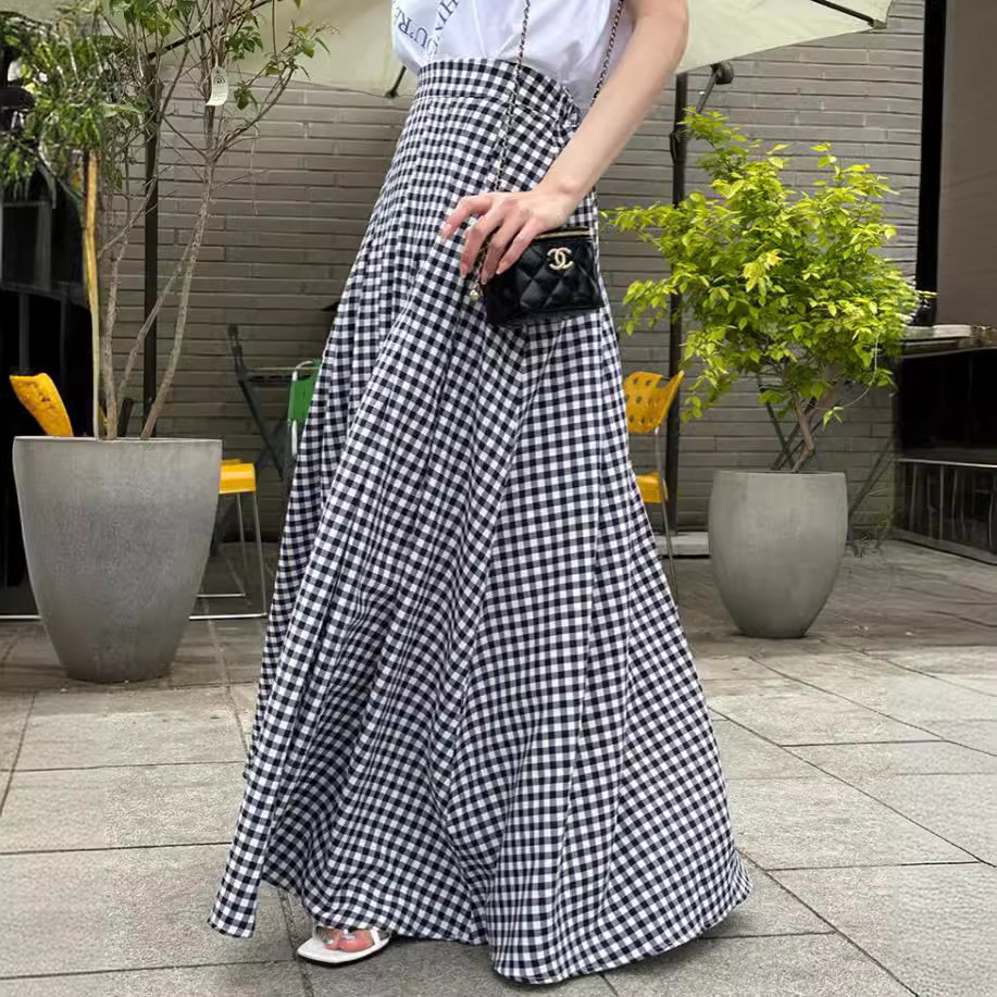 South Korea's Dongdaemun Spring and Summer New Lady Elastic High-Waist Loose Casual Plaid Half-Length Skirt