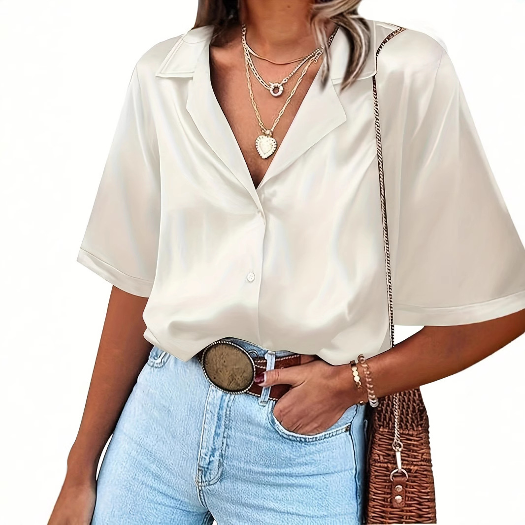 European and American Amazon Cross-Border 2025 Summer New Deep V Fashionable and Elegant Slim Pure Color Thin White Shirt