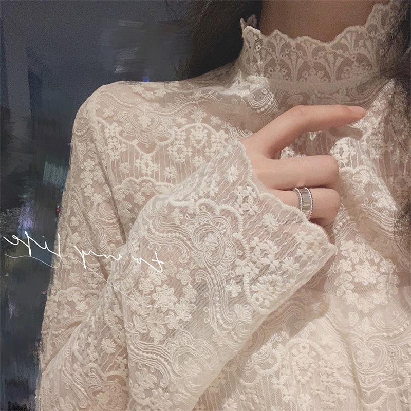 Autumn and Winter new western style small shirt women's half turtleneck embroidery exquisite inner lace shirt Super fairy mesh bottoming top