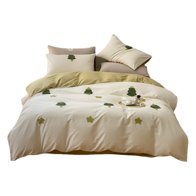 100-Count Cartoon Fresh Style Towel Embroidery Pure Cotton Winter Brushed Bedding Four-Piece Set All-Cotton Duvet Cover Bed Sheet Fitted Sheet 4