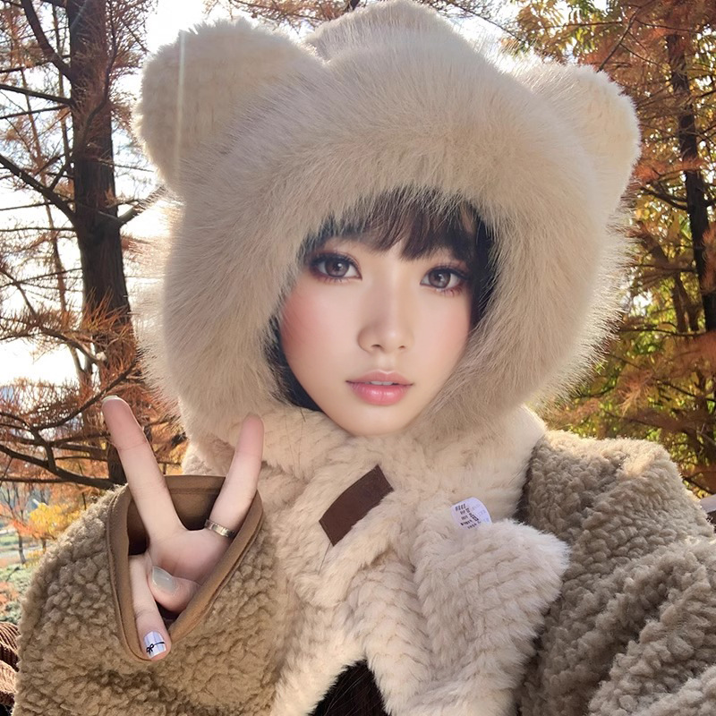 Picture of Cute Bear Hat Gloves Three-in-One Scarf Plush Hat Winter Riding Women's Easy Outdoor High-Level Warm Hat