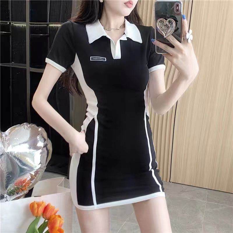 dress 2024 New Black Polo Collar Casual dress Women's Tight Waist Slimming Short-sleeved Small Black Dress