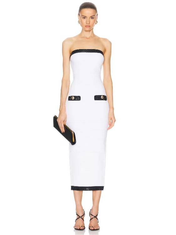 Cross-border European and American High-end Women's Black and White Contrast Color Strapless Bandage Skirt Hot Drilling Small Chanel Style Knitted dress High-end Sense