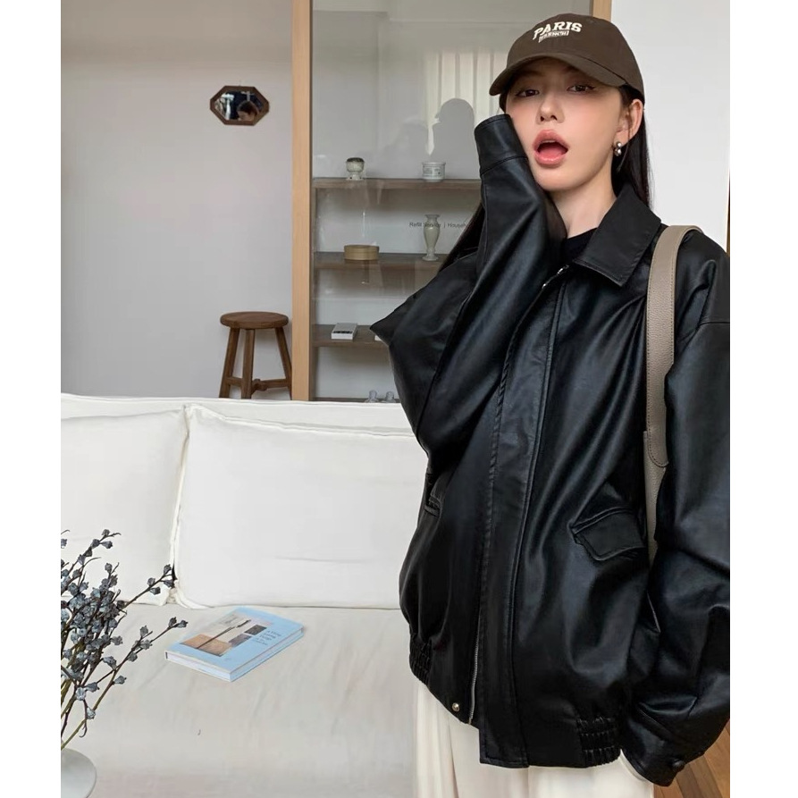 American Retro Brown Motorcycle Leather Tops Women's 2023 Autumn New Korean Style Leather Tops Top Cross-Border Wholesale