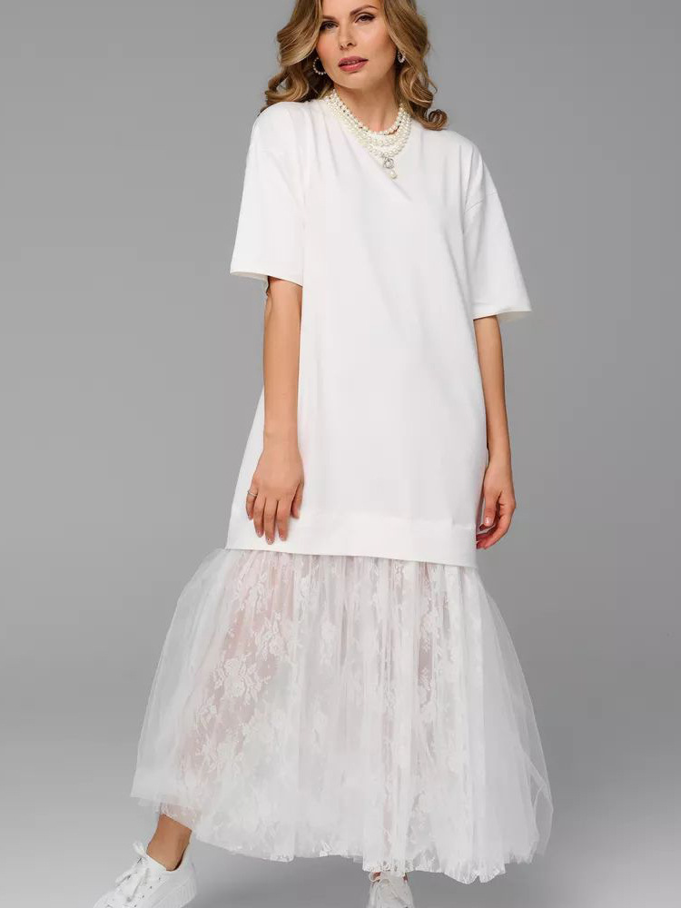 Пла Noisesе Хлоп Provое Cotton Tt-Shirt Dress Spliced Mesh Stripesd Long Skirt