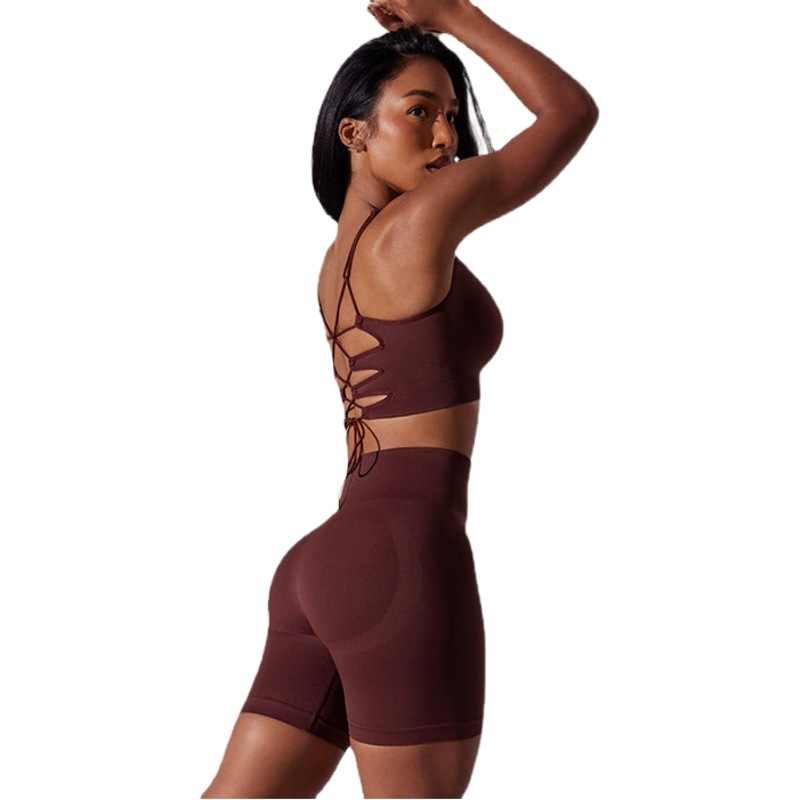 Amazon sexy beauty back strap women's running sports yoga clothes seamless strap bra shorts fitness suit