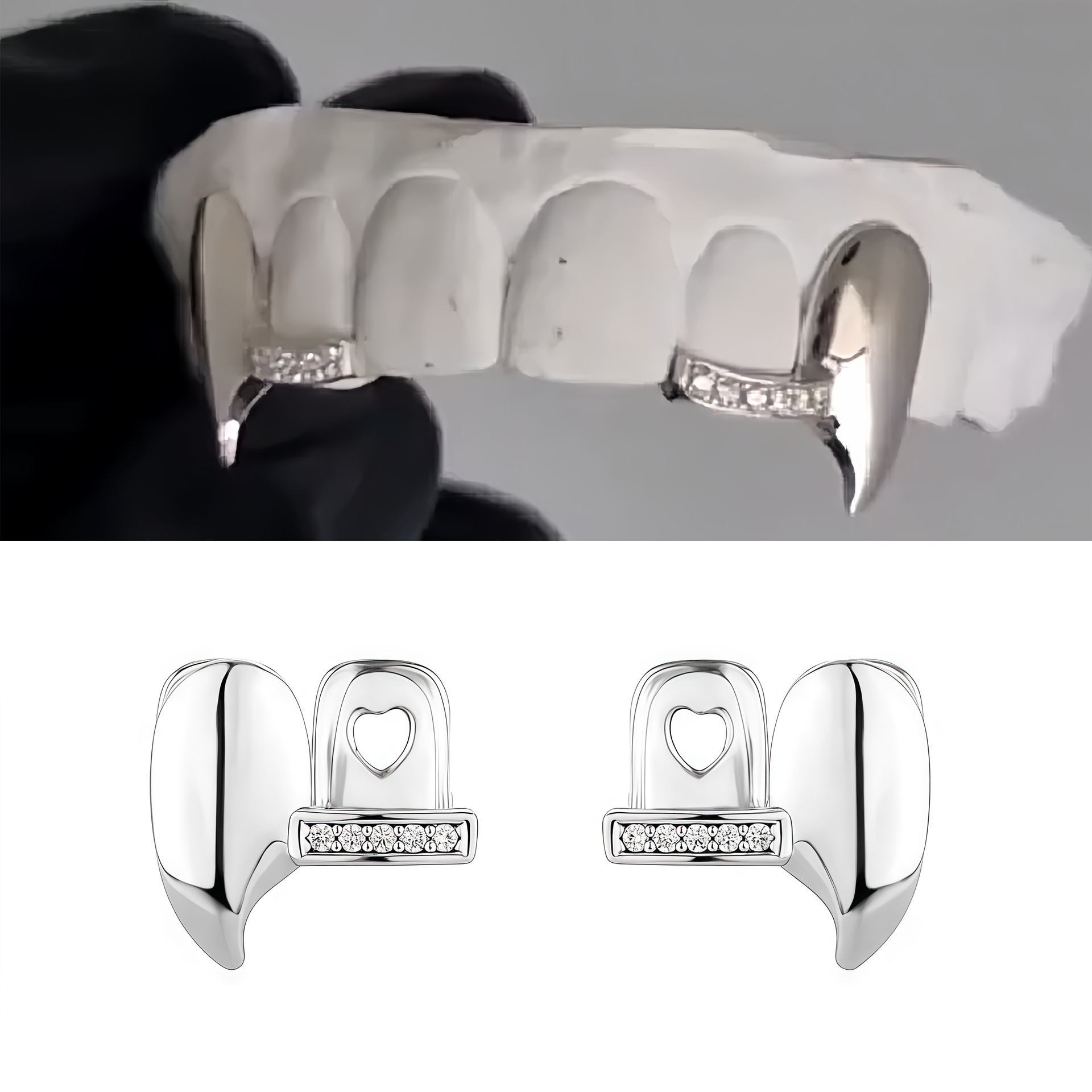 Europe and the United States hot sale new symmetrical fangs zircon braces bar combination personality dentures men's cross-border hip-hop accessories