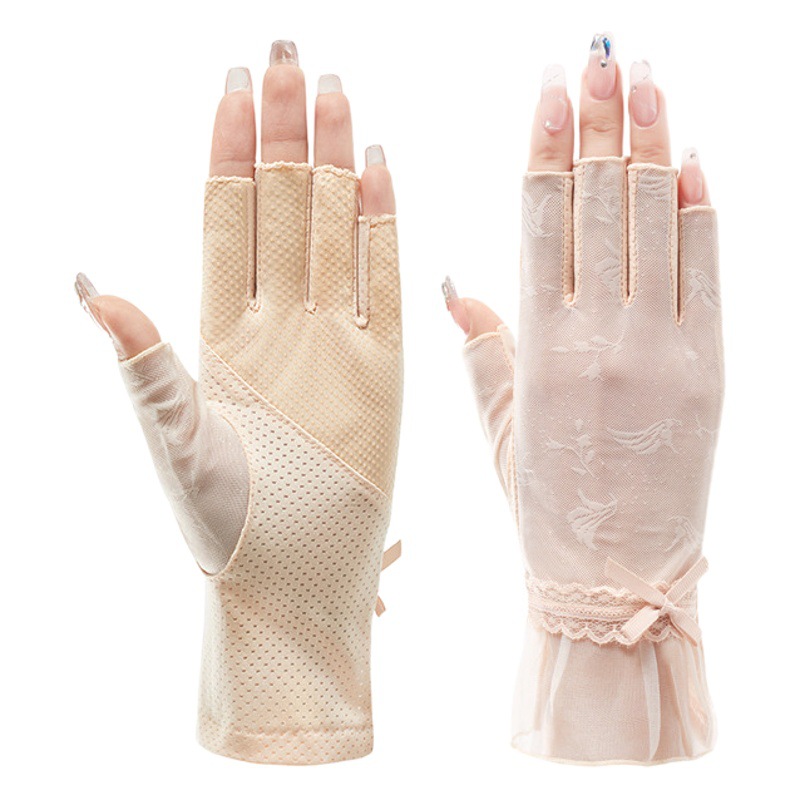 Half-Finger Gloves Women's Ultra-Thin Ice Silk Elastic Lace Anti-Slip Half-Finger Gloves for Driving and Riding