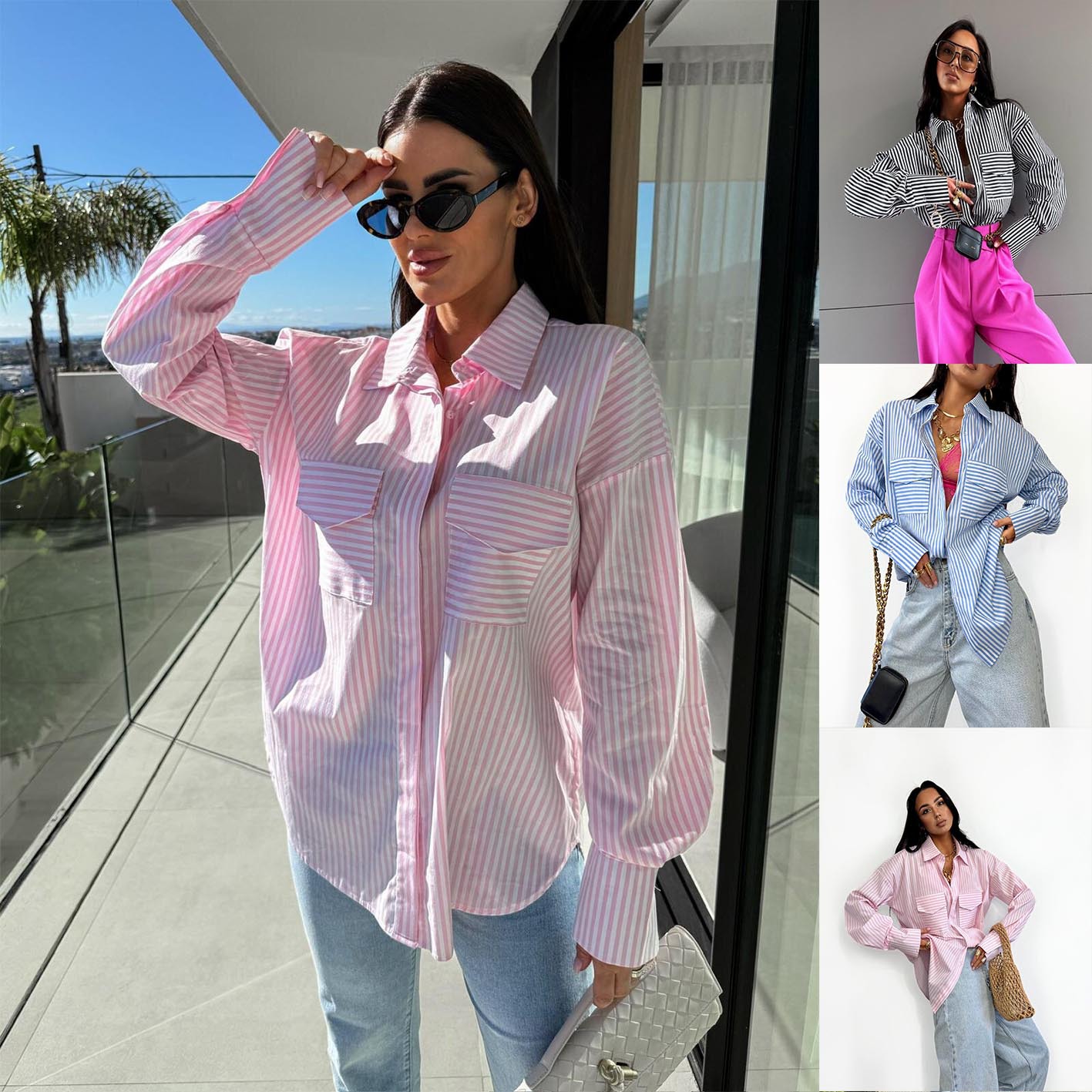 European and American Cross-border Hot Sale Amazon TEMU Spring and Summer Long Sleeve Vertical Stripe Loose Shirt Double Pocket Striped Top