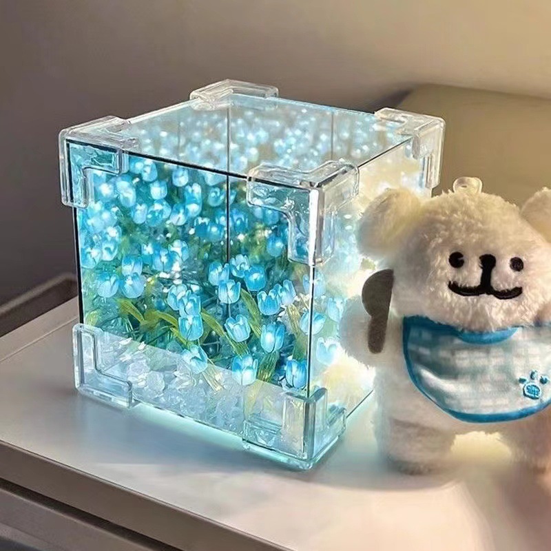 Rubik's Cube Tulip Flower Sea Night Light DIY Material Mirror Bouquet Gift Birthday Present for Girlfriend Desk