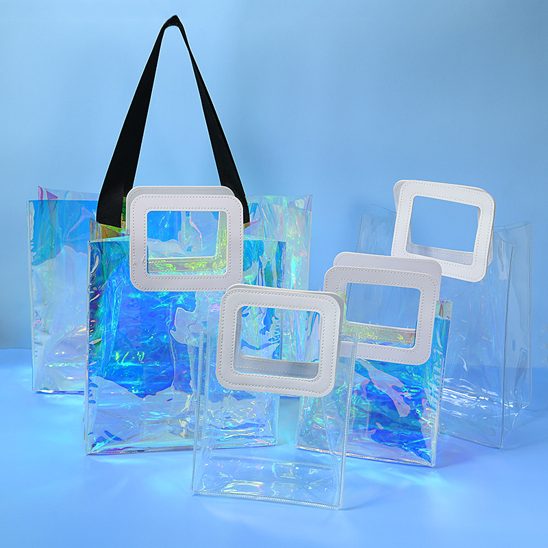 Source factory wedding candy hand gift laser bag pvc colorful transparent handbag plastic cosmetic packaging bag