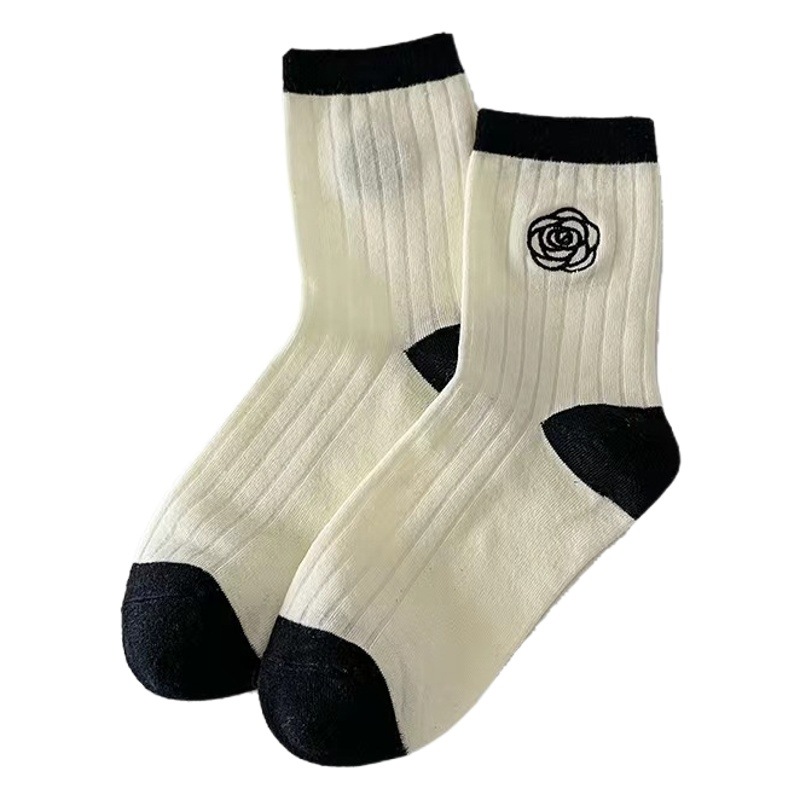 Socks for Women Spring and Summer Camellia Jacquard Flowers Cute Mid-Calf Socks Black and White Socks Xiaohongshu Same Style Pile Socks