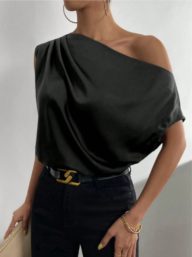 Picture of 2025 Spring Solid Color Satin Simulated Silk Irregular Sloping Shoulder One-Neck Pullover Sleeveless Shirt Women's European and American Clothing