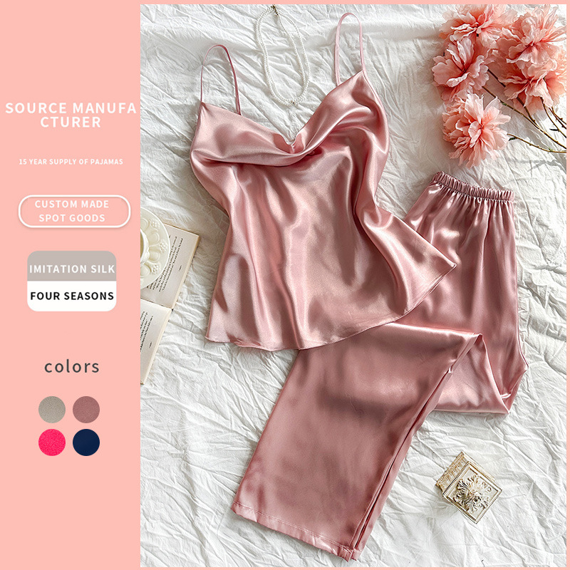 Denilyn Ice Silk Pajamas Fashionable Sexy Thin Imitation Silk Home Clothes Spring and Summer Sling Trousers suit
