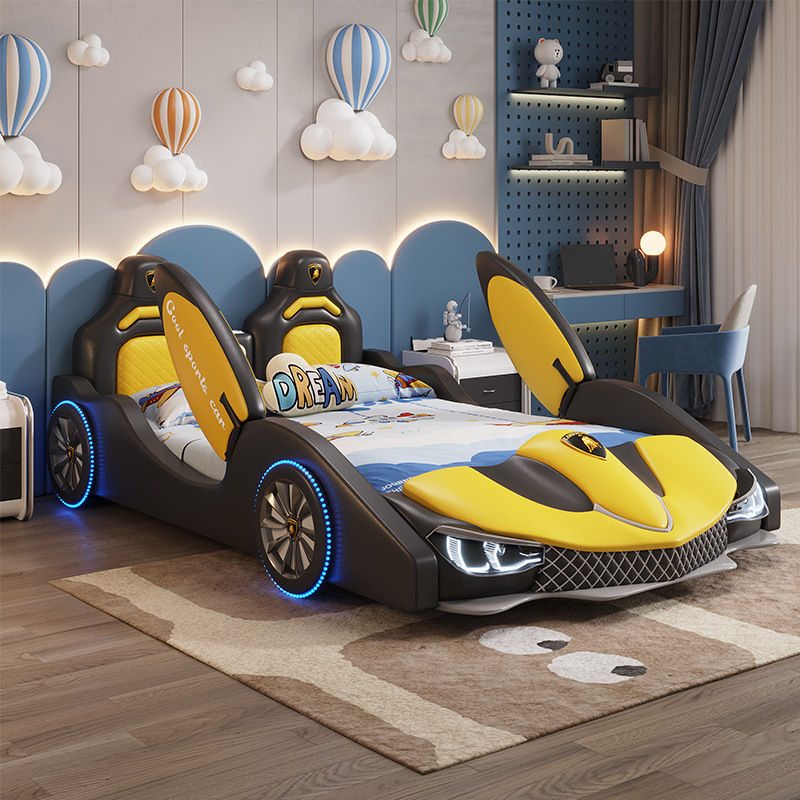 Kids Bed Boys Girls Princess Bed Cartoon Multifunctional Bed with Guardrail Bed End Storage Bed Kids Bedroom Car Leather Bed