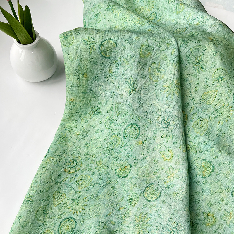 Green Background Small Wildflower New Chinese Style Digital Printed Fabric Brocade Cotton Fabric Cheongsam Dress Top Hanfu Fabric