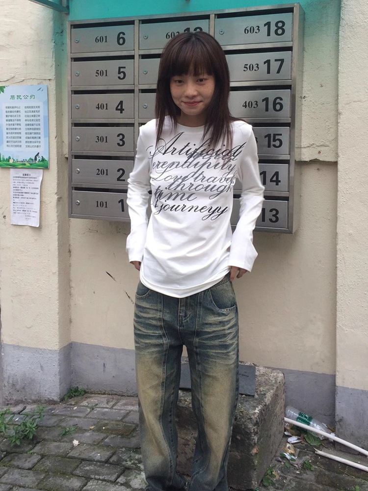 Picture of Spring and Autumn New Shoulder Crewneck Long-sleeved T-shirt Letter Printed Slim-fit Slimming Spice Girl Bottoming Top
