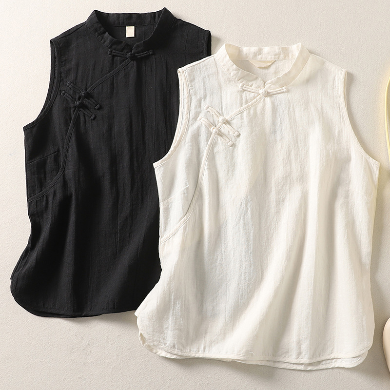 Chinese Style Solid Color Cotton and Linen Vest Chinese Vintage Buckle Sleeveless Shirt Women's Vertical Collar Old Loose Tea Clothes