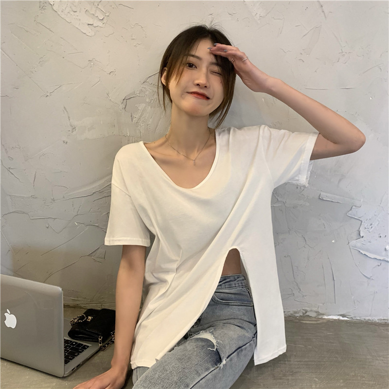 Slit V-Neck Short-Sleeved T-Shirt Women's Summer 2025 New Design Collarbone Chic Loose Student Tops for Women