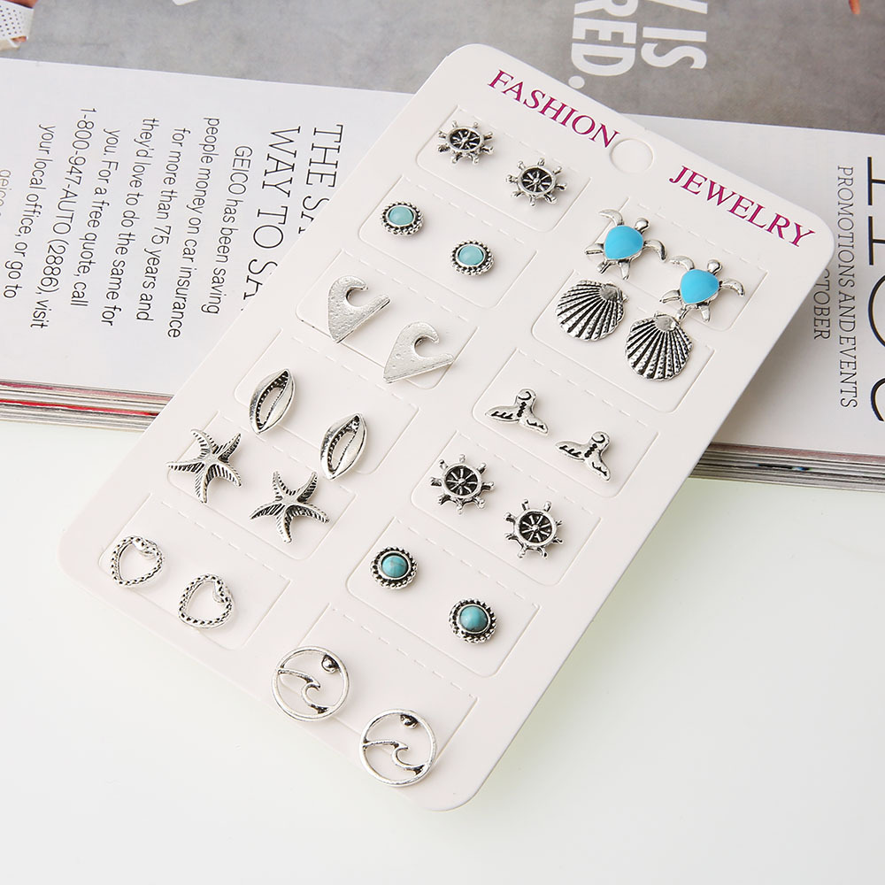 Picture of Europe and the United States cross-border new jewelry simple dripping turtle stars wave shell turquoise 12 pairs of set earrings wholesale
