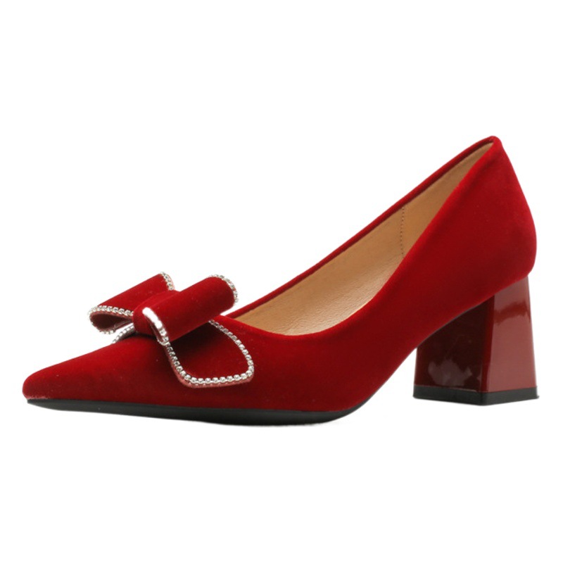 Jinqi CH60-30 bow thick heel pointed wedding shoes 2024 new spring and autumn single-layer shoes bridal shoes women's high heels