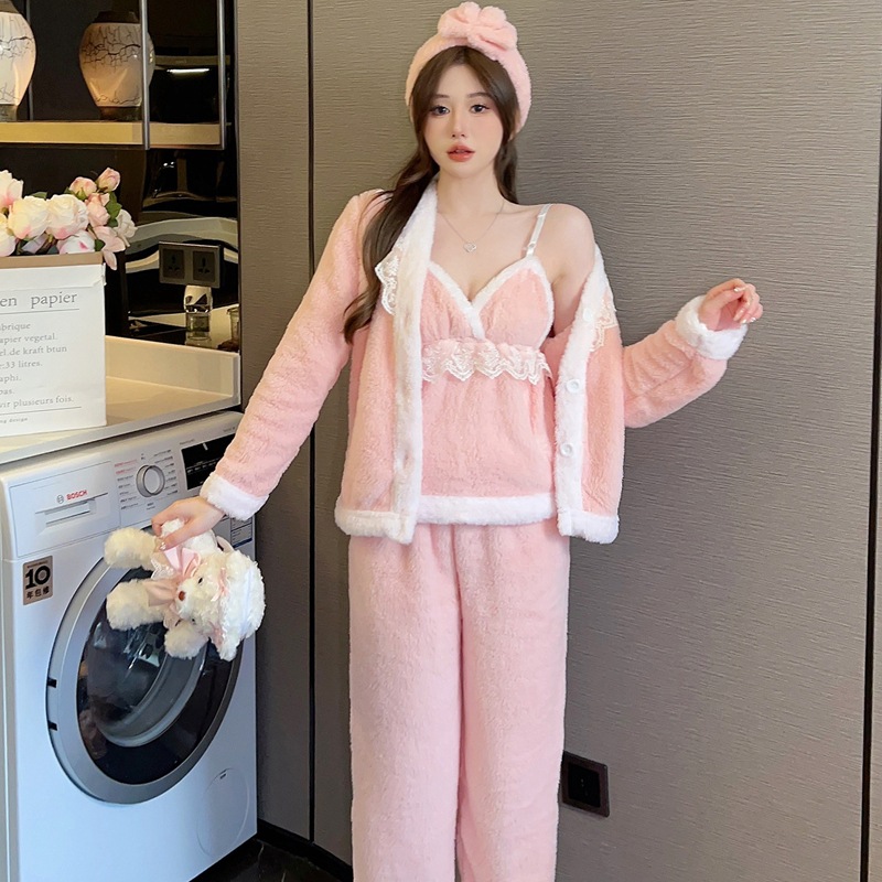 Real Shot Autumn and Winter Pajamas Women's Sexy Sling Trousers Robe for Same Color Headband Flannel Thickened Home Clothes suit