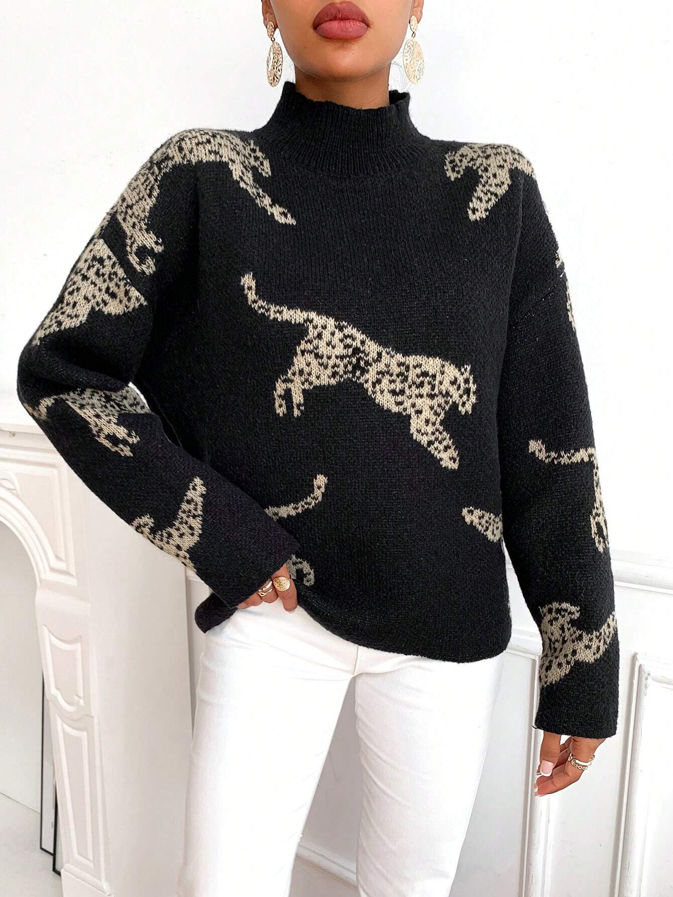 European and American Cross-border Autumn and Winter Deer Plush Half-turtleneck Women's Sweater New Elegant Jacquard Contrast Knit Top