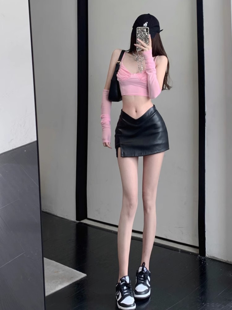 145 Sexy Little Leather Skirt Women's Spring Autumn PU Hip Skirt Ultra Short Low Waist Split XS Skirt 150cm