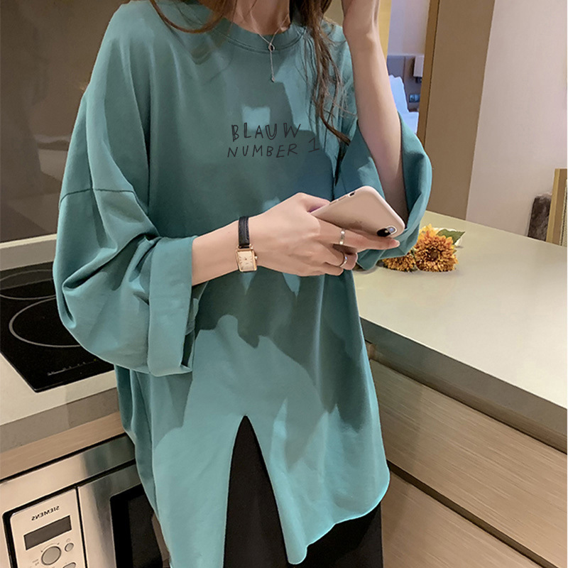 Picture of Plus Size Women's Clothing 2025 New Autumn K-Style Loose Design Slit T-Shirt Long-Sleeved Women's Top Mid-Length Export