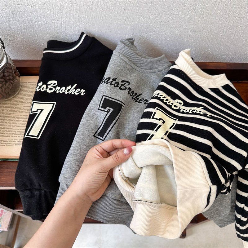 Picture of Children's sweater winter new boys and girls baby plus velvet thickened striped pullover baby letter printed top