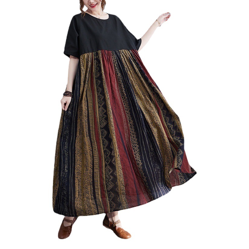 2023 Summer New Color Matching Retro Artistic Large Size Chubby Girl Long Dress Loose Pork Cotton Linen Long Skirt Dress