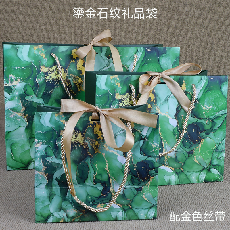 Ins Style Gilt Ribbon Gift Bag, High-End Souvenir Packaging Bag, Satchel Paper Bag, Clothing Shopping Bag, Stone Pattern