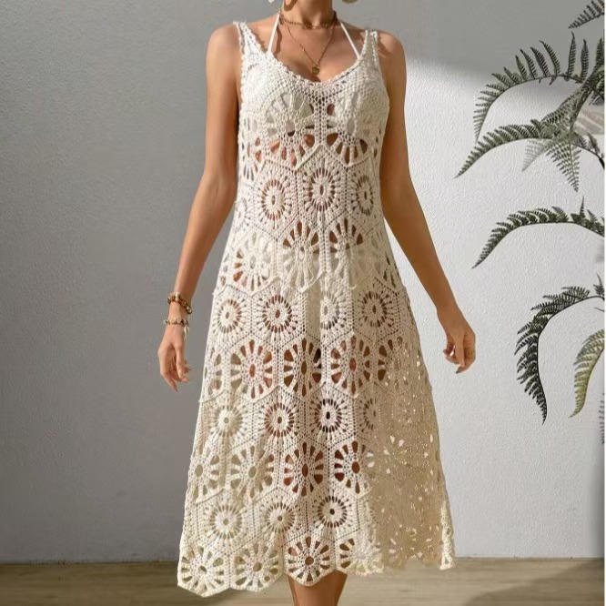 Ethnic style crochet hollow-out vest dress, new cover-up dress for women, layered elegant sleeveless slip dress