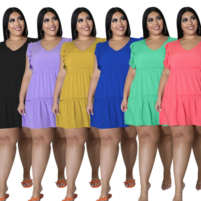 2022 Summer New European and American Plus Size Women's Solid Color Casual V Neck Sleeveless Ruffled Pleated Short Dress