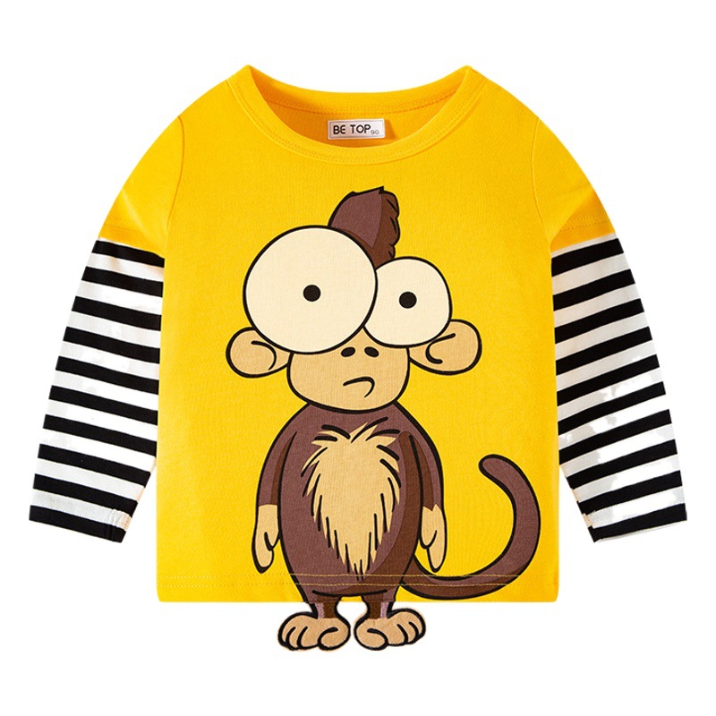 2025 Spring and Autumn New Children's Striped Sleeve Three-Dimensional Cartoon T-Shirt Pure Cotton Baby Top Boys' Bottoming Shirt