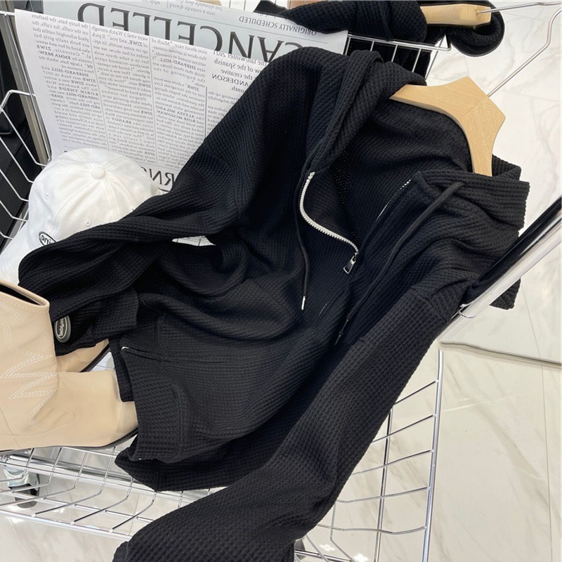 Picture of Waffley Hooded Sweater Women's Autumn New Loose Zipper Jacket Slimming Design Sense Long Sleeve Cardigan Top for Women